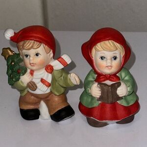 Vintage ceramic bisque little boy & girl Christmas figurines